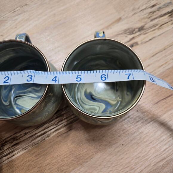 Mackenzie Childs Enamelware Blue Green Gold Dipped Paint Swirl Metal Mug - Picture 9 of 10